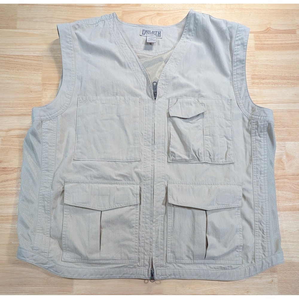 Duluth Trading Co Mens Large Khaki Cotton Nylon Mesh Fishing Utility Vest Tan